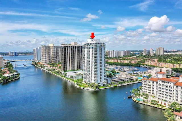 birds eye view of property featuring a water view