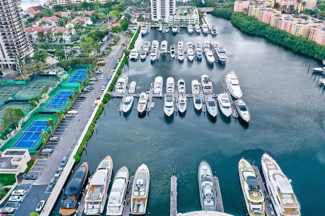 bird's eye view with a water view