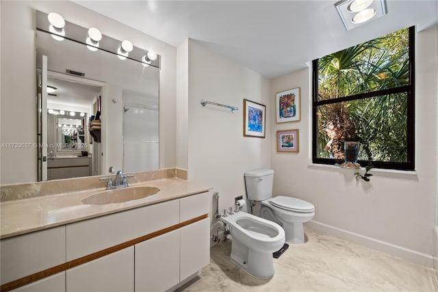 full bath with toilet, vanity, baseboards, a bidet, and walk in shower