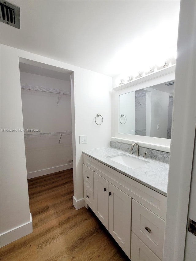 bathroom with wood-type flooring and vanity