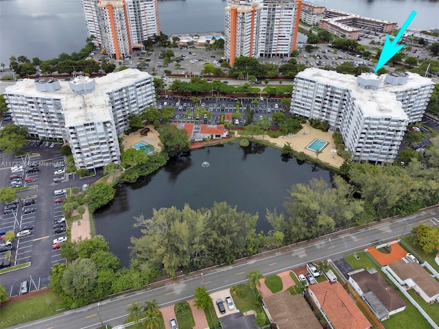 aerial view featuring a water view