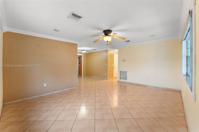 unfurnished room with ceiling fan and ornamental molding