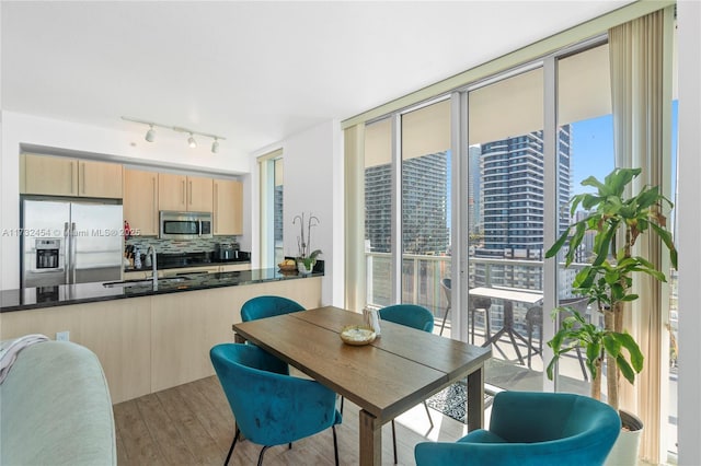 dining area with sink and light hardwood / wood-style flooring