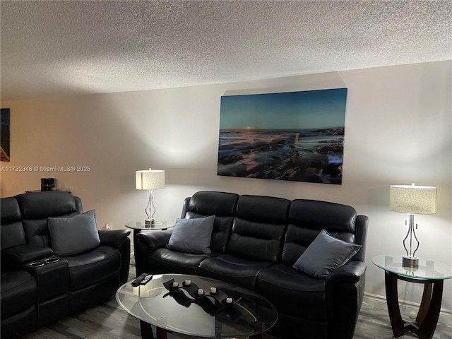 living room featuring hardwood / wood-style flooring and a textured ceiling