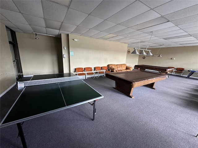 rec room featuring carpet, pool table, and a drop ceiling