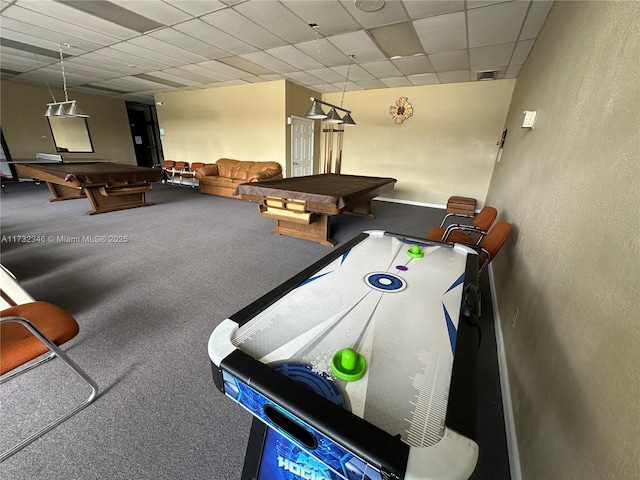 recreation room featuring carpet floors, pool table, and a paneled ceiling