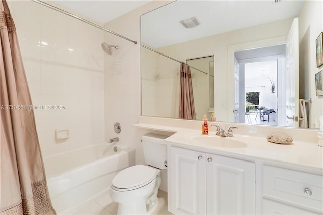 full bathroom with tile patterned flooring, toilet, vanity, and shower / bath combo with shower curtain