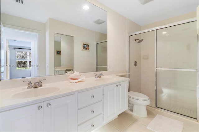 bathroom with tile patterned floors, vanity, toilet, and a shower with door