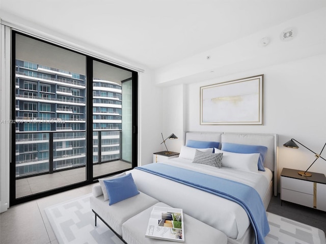 bedroom with expansive windows, multiple windows, and light tile patterned floors