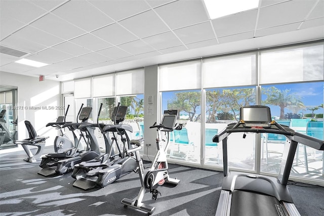 workout area featuring a drop ceiling and plenty of natural light