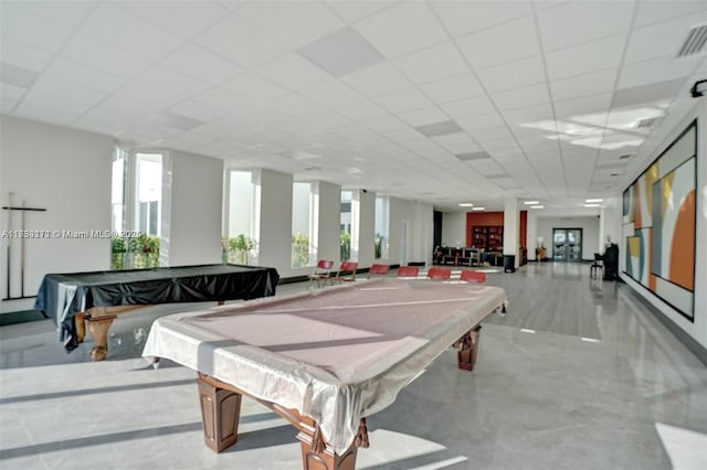 game room with pool table and a drop ceiling