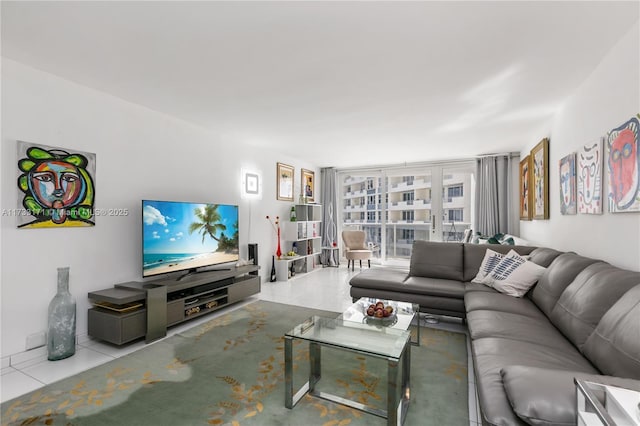 tiled living room with expansive windows