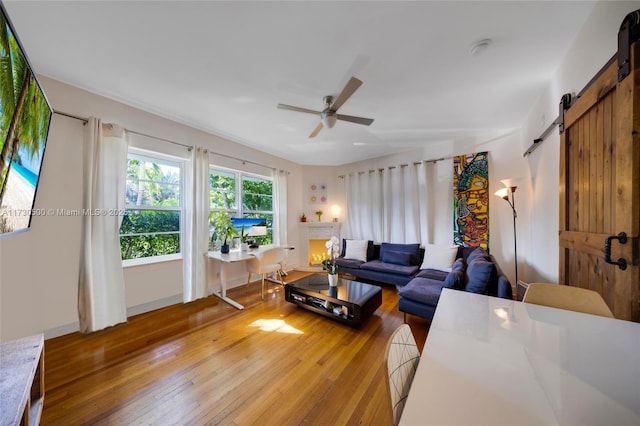 living room with hardwood / wood-style flooring, ceiling fan, and a barn door