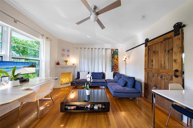 living room featuring ceiling fan, a barn door, and hardwood / wood-style floors