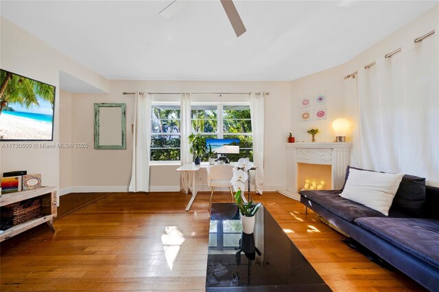 living room featuring hardwood / wood-style flooring and ceiling fan