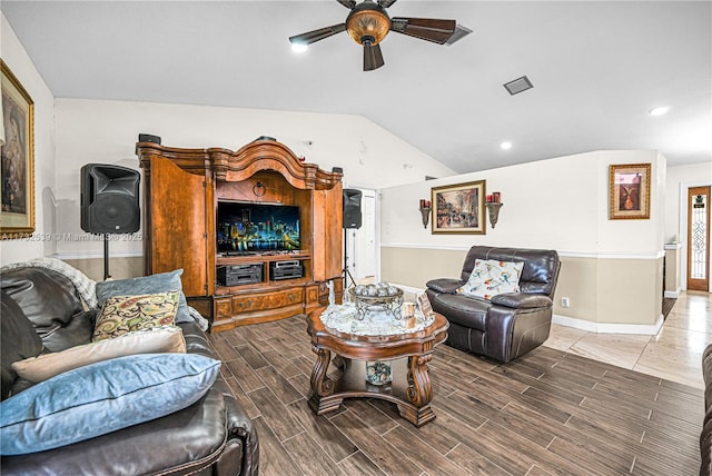 living room with vaulted ceiling and ceiling fan