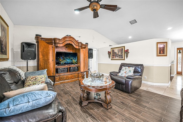 510 NW 105th Dr, Coral Springs, FL 33071 - living room with baseboards, wood finish floors, visible vents, lofted ceiling, and ceiling fan