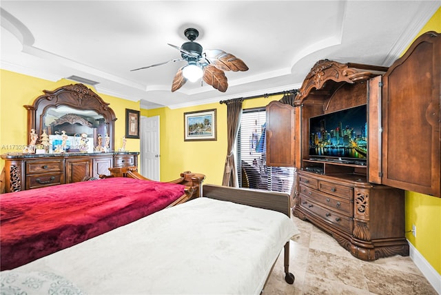 510 NW 105th Dr, Coral Springs, FL 33071 - bedroom featuring a raised ceiling, crown molding, baseboards, and a ceiling fan