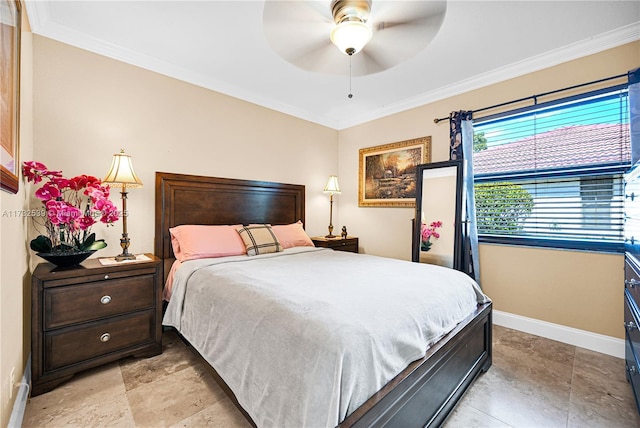 bedroom with crown molding and ceiling fan