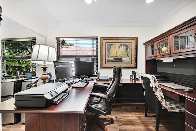 office space featuring ornamental molding and dark hardwood / wood-style flooring