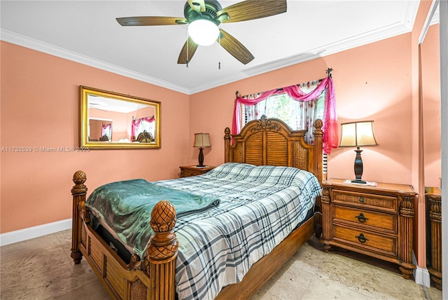 bedroom featuring ornamental molding and ceiling fan