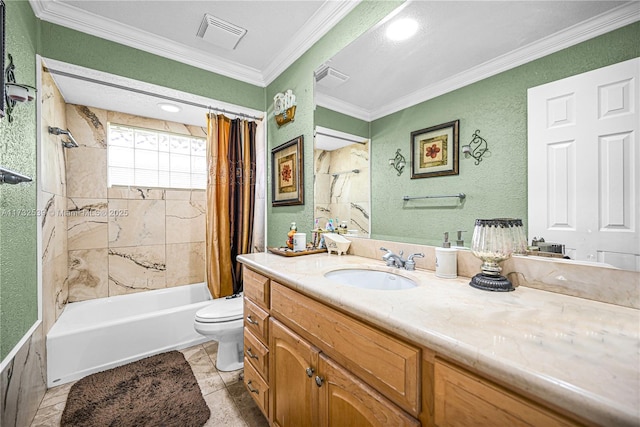 full bathroom featuring vanity, crown molding, toilet, and shower / bath combo