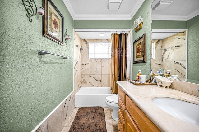 full bathroom with ornamental molding, toilet, shower / bath combination with curtain, and vanity