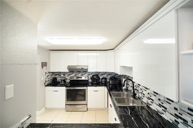 kitchen with sink, white cabinetry, stainless steel electric range, light tile patterned floors, and a baseboard radiator