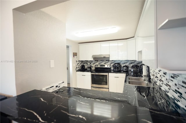 kitchen with sink, white cabinetry, a baseboard heating unit, decorative backsplash, and stainless steel electric stove