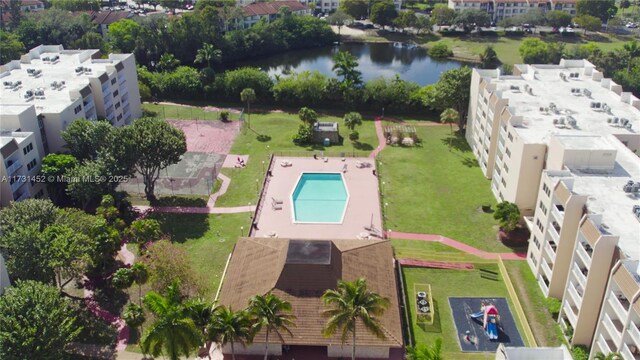 drone / aerial view with a water view