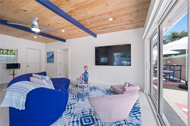 living room featuring ceiling fan, beam ceiling, and wooden ceiling