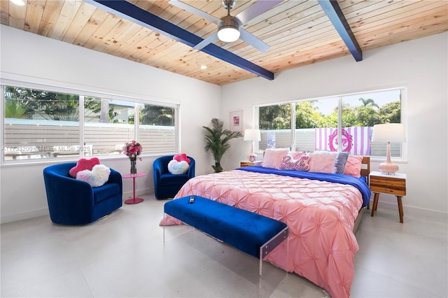 bedroom with ceiling fan, wood ceiling, and beam ceiling