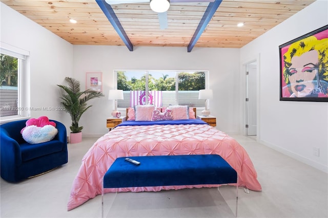 bedroom with multiple windows, beam ceiling, light carpet, and wooden ceiling