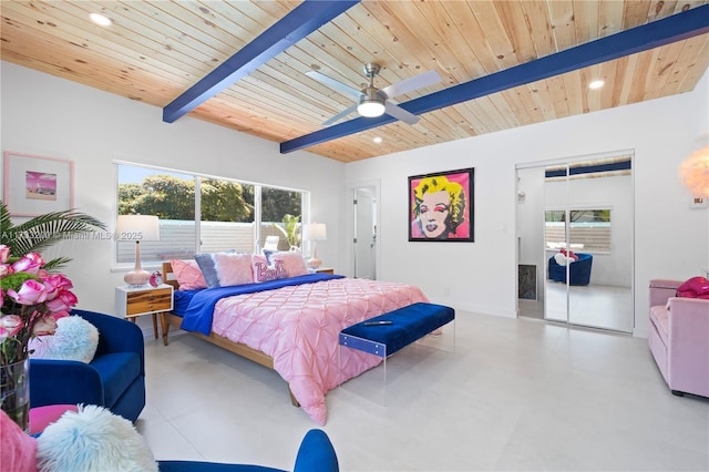 bedroom featuring wood ceiling, ceiling fan, multiple windows, beam ceiling, and a closet