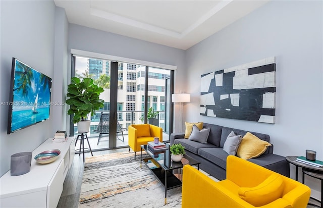 living room with a tray ceiling and hardwood / wood-style floors