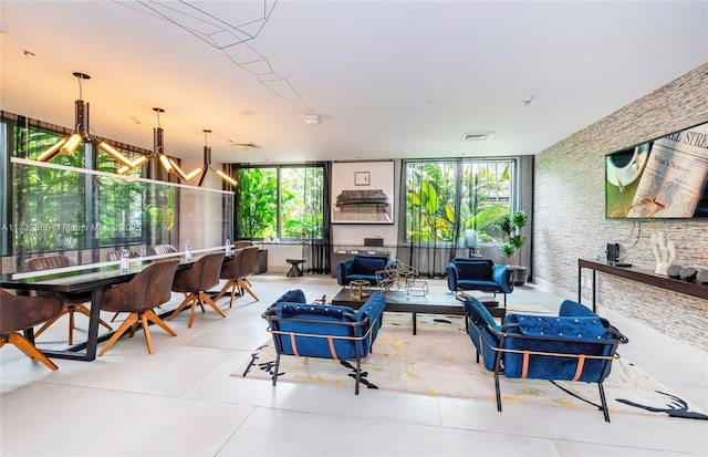 living room with a notable chandelier