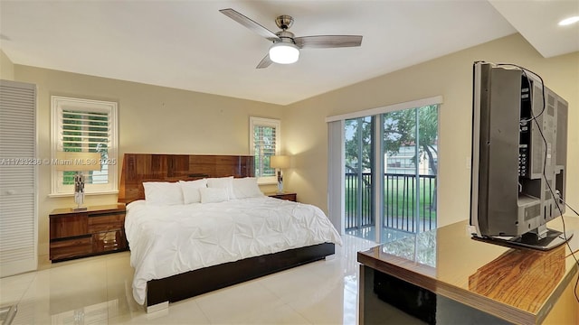 bedroom with ceiling fan, light tile patterned floors, and access to outside