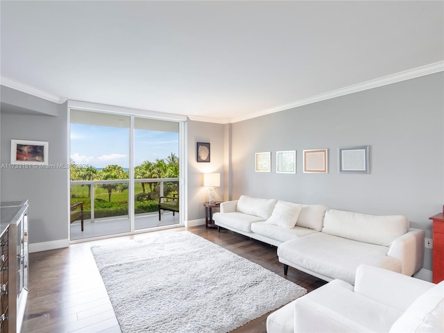 living room featuring a wall of windows, dark wood finished floors, crown molding, and baseboards