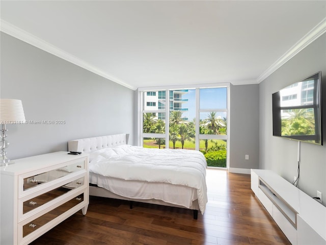 bedroom featuring ornamental molding, floor to ceiling windows, and dark hardwood / wood-style flooring