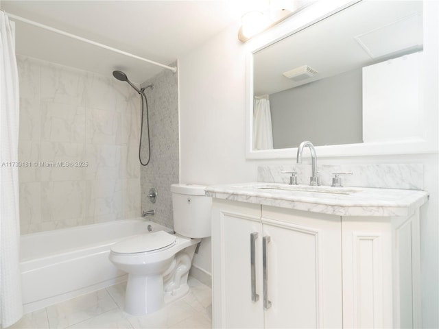 full bathroom featuring shower / bath combination with curtain, vanity, and toilet