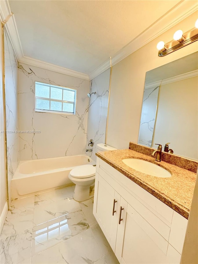 full bathroom featuring tiled shower / bath, vanity, toilet, and ornamental molding