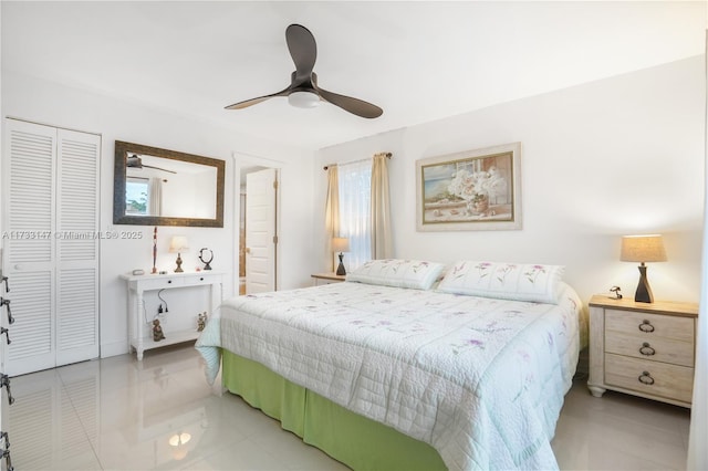 bedroom featuring ceiling fan and a closet