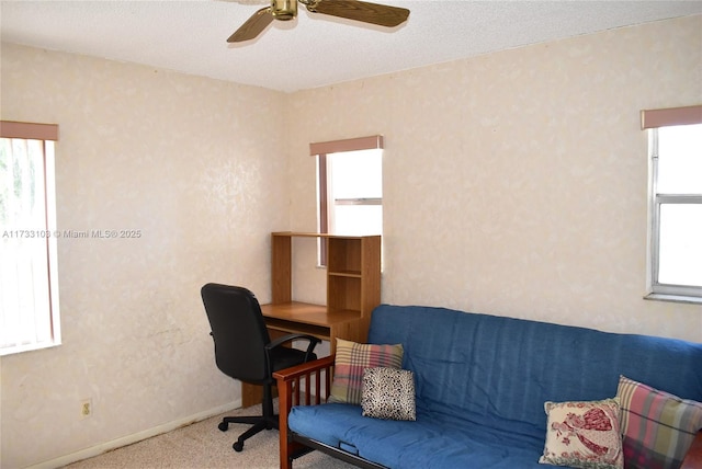 office space featuring carpet flooring and a textured ceiling