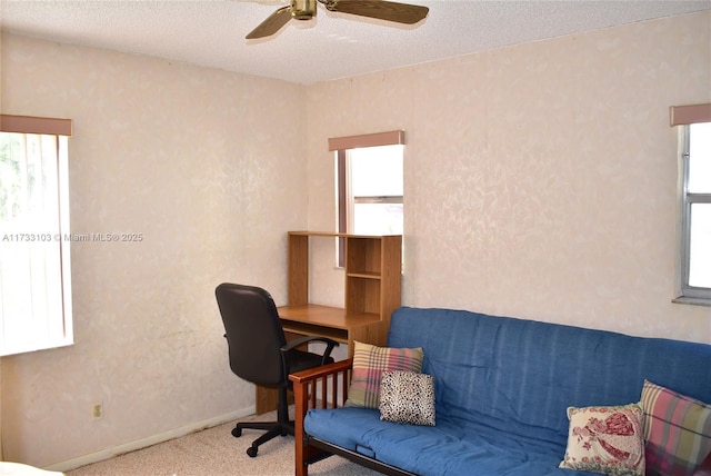 office featuring a healthy amount of sunlight, carpet floors, and a textured ceiling