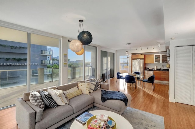 living room with sink and light hardwood / wood-style flooring