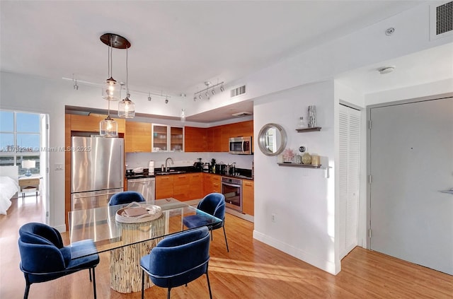 kitchen with pendant lighting, sink, light hardwood / wood-style flooring, and stainless steel appliances