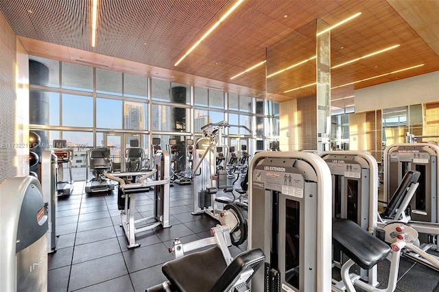 workout area featuring wood ceiling