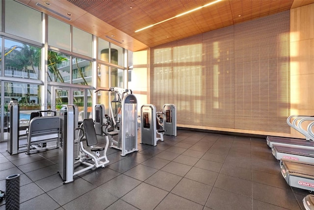 gym with a towering ceiling and a wall of windows