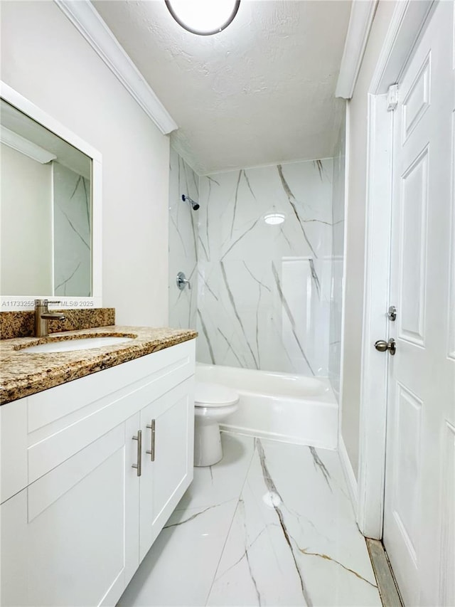 full bathroom with toilet, a textured ceiling, ornamental molding, vanity, and tiled shower / bath combo