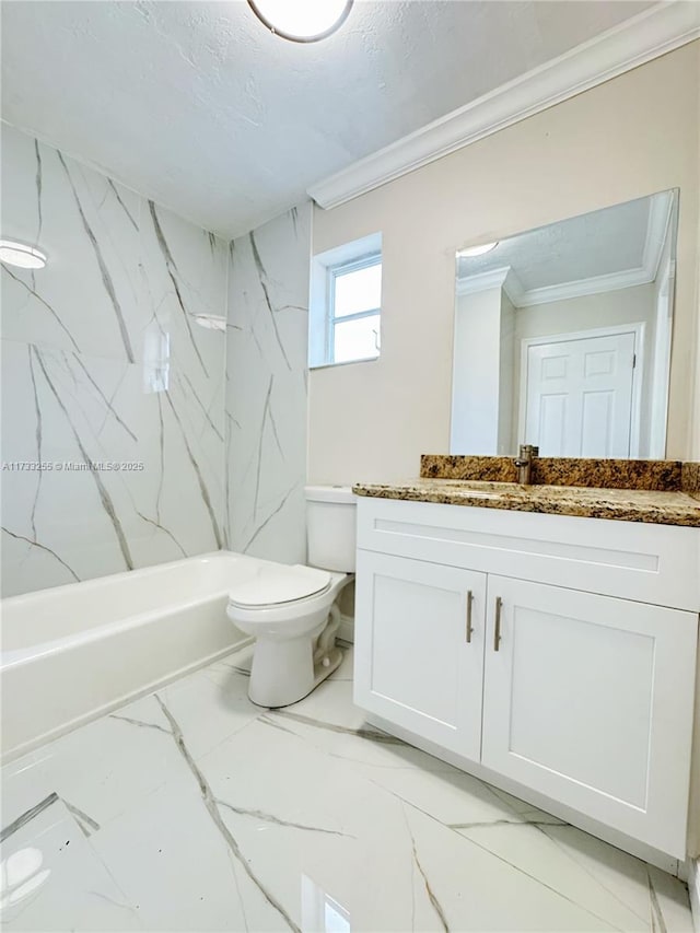 full bathroom featuring vanity, shower / washtub combination, ornamental molding, and toilet